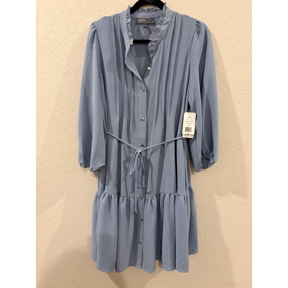 Donna Ricco Blue Pleated Button Front Ruffle Hem Shirt Dress Medium